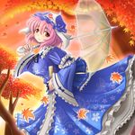  autumn bad_id bad_pixiv_id banned_artist fan hat japanese_clothes kimono leaf maple_leaf pink_eyes pink_hair red_eyes saigyouji_yuyuko shin'en_(gyokuro_company) short_hair smile solo touhou transparent umbrella 