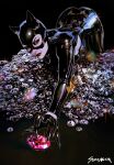  1girl all_fours animal_ears batman_(series) black_background black_bodysuit black_gloves bodysuit catsuit catwoman catwoman_(comic) comic_cover commentary dc_comics diamond_(gemstone) english_commentary fake_claws gloves highres latex latex_bodysuit leather_suit looking_at_viewer mask official_art pink_gemstone selina_kyle simple_background solo sozomaika textless_version 