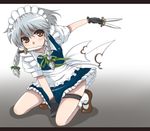  between_fingers braid gloves izayoi_sakuya knife maid maid_headdress mouth_hold orange_eyes short_hair silver_hair solo touhou tsukigi twin_braids 