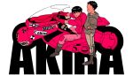  2boys akira_(manga) black_footwear black_hair boots commentary copyright_name drawstring drops_bkr english_commentary eye_contact full_body gloves grey_hoodie grin hand_in_pocket highres hood hood_down hoodie jacket kaneda_shoutarou&#039;s_bike kaneda_shoutarou_(akira) looking_at_another male_focus motor_vehicle motorcycle multiple_boys on_motorcycle outstretched_arms pants red_gloves red_jacket red_pants shima_tetsuo short_hair sitting sleeves_rolled_up smile white_pants 