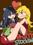  black_hair blonde_hair bow chuck_(psg) dress earrings hair_bow honekoneko_(psg) jewelry kangokun long_hair multiple_girls official_style panty_&amp;_stocking_with_garterbelt panty_(psg) red_dress stocking_(psg) stuffed_animal stuffed_cat stuffed_toy 