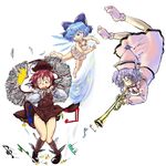  animal_ears bad_id bad_pixiv_id barefoot blue_eyes blue_hair blush bow chemise cirno dress dress_lift feet flying hat highres ice ice_wings instrument merlin_prismriver mimidori multiple_girls multiple_wings musical_note mystia_lorelei no_panties red_eyes red_hair see-through short_hair skirt skirt_lift smirk surprised touhou trumpet wavy_hair wings 