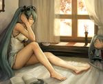  aqua_hair barefoot book breasts cd cd_player cleavage closed_eyes cover dominic hachune_miku hatsune_miku headphones indoors legs long_hair medium_breasts necktie solo spring_onion stuffed_toy very_long_hair vocaloid 