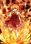  achi_cirno alternate_color alternate_element bad_id bad_pixiv_id blue21 bow cirno fiery_wings fire hair_bow highres long_hair red_eyes red_hair solo touhou wings 
