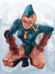  blonde_hair blue_eyes blue_leotard braid cammy_white fingerless_gloves garrison_cap gloves hat highres kitano_yuusuke leotard long_hair muscle necktie solo street_fighter street_fighter_zero_(series) thighs 