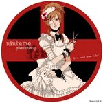  apron bandages black_nails blood bow bowtie bracelet brown_eyes brown_hair crossdressing dress eyepatch gothic_lolita hair_ornament hairclip heart jewelry lolita_fashion male_focus nail_polish nurse rakudai_ninja_rantarou scissors solo temari114 white_dress zenpouji_isaku 