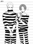  ahoge axis_powers_hetalia bad_id bad_pixiv_id cuffs germany_(hetalia) greyscale handcuffs male_focus monochrome mouth_hold mugshot multiple_boys northern_italy_(hetalia) one_eye_closed prison_clothes simekirikowai 