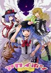  blue_hair catfish dress fish food fruit gradient_hair hat hijiri_byakuren hinanawi_tenshi long_hair multicolored_hair multiple_girls nagae_iku namazu peach purple_hair red_eyes short_hair tako_(plastic_protein) touhou ufo yellow_eyes 