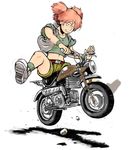  bad_id bad_pixiv_id grin ground_vehicle jacket metal_slug midriff motor_vehicle motorcycle murakoshi_uki nadia_cassel red_hair short_shorts shorts smile snk solo twintails 