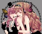  akane_kii brown_eyes brown_hair bug butterfly butterfly_hair_ornament hair_ornament hairband hanaji hat headphones insect long_hair magnet_(vocaloid) mirine_mon multiple_girls pink_eyes pink_hair utau vocaloid yuri 