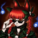  animal_ears braid cat_ears extra_ears face fang hair_ribbon hands jewelry kaenbyou_rin necklace pale_skin ragathol red_hair ribbon skull slit_pupils solo sunglasses touhou twin_braids twintails 