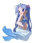  :o absurdres ahoge bad_id bad_pixiv_id blue_hair blush derivative_work hair_ornament highres hiiragi_kagami jewelry long_hair looking_back lucky_star mermaid_costume necklace nishiya_futoshi pearl_necklace solo sumomo_(tyc78503012) twintails white_background 