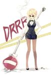  bad_id bad_pixiv_id blonde_hair bow bowtie breasts caution_tape cigarette durarara!! genderswap genderswap_(mtf) heiwajima_shizuo high_heels keep_out kumu_(homoid) large_breasts legs miniskirt pantyhose pencil_skirt shoes sign skirt smoking solo sunglasses tuxedo vest 