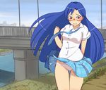  blue_hair blush glasses idolmaster idolmaster_(classic) kisaragi_chihaya natsumi_hajime necktie panties rough_time_school school_uniform solo underwear white_panties wind wind_lift 