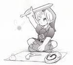  bad_id bad_pixiv_id belt boots fairy greyscale hat link male_focus monochrome mumumu_(atama07237029) navi nintendo one_eye_closed shield sitting slingshot sword the_legend_of_zelda weapon younger 