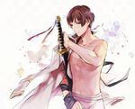  axis_powers_hetalia bad_id bad_pixiv_id brown_hair georges_meunier japan_(hetalia) male_focus ready_to_draw sheath sheathed shirtless solo sword weapon 