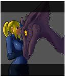  bad_id bad_pixiv_id blonde_hair blue_eyes bodysuit breasts large_breasts metroid ponytail ridley samus_aran simple_background space_jin yellow_eyes zero_suit 