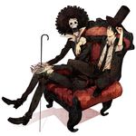  adjusting_clothes adjusting_hat afro bad_id bad_pixiv_id black_hair brook chair hand_on_headwear hat male_focus mcr monkey_d_luffy multiple_boys one_piece sitting skeleton top_hat 