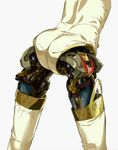 aegis_(persona) android ass back commentary_request highres leaning_forward legs_apart makacoon mechanical_legs mechanical_parts persona persona_3 simple_background solo standing thighhighs waist_down white_background white_legwear 