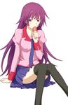  artist_request bakemonogatari long_hair monogatari_(series) necktie school_uniform senjougahara_hitagi sitting skirt solo stapler thighhighs 