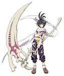  .hack//games .hack//link 1boy antenna_hair black_hair cubia_(.hack//) male_focus midriff official_art scarf scythe smile solo tattoo yellow_eyes 