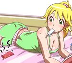  blonde_hair breasts cellphone cleavage food green_eyes hoshii_miki idolmaster idolmaster_(classic) large_breasts natsumi_hajime phone ponytail popsicle solo sweat 