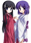  amemiya_ruki black_hair blue_eyes highres holding_hands japanese_clothes kimono long_hair multiple_girls original purple_eyes purple_hair short_hair 