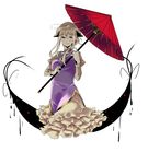  adapted_costume blonde_hair gap highres long_hair oriental_umbrella purple_eyes shinoi simple_background smile solo touhou umbrella yakumo_yukari 