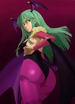  animal_print ass bare_shoulders bat_print bat_wings demon_girl elbow_gloves fingerless_gloves gloves green_eyes green_hair head_wings long_hair morrigan_aensland onda_(wakiwacky) pantyhose print_legwear purple_wings solo succubus vampire_(game) wings 