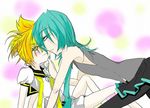  2boys blush crossdress hatsune_mikuo kagamine_len milenkuo poorly_drawn skirt smirk vocaloid yaoi 