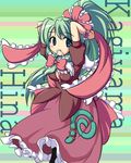  alternate_hairstyle breasts character_name cleavage front_ponytail green_eyes green_hair hair_ribbon kagiyama_hina long_hair medium_breasts mouth_hold nullpooo ponytail ribbon ribbon_in_mouth solo touhou 