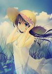  black_hair blue_eyes cloud copyright_request day flower grass hat long_hair sky smile solo yurikuta_tsukumi 