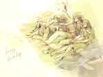  2girls barefoot cloud_strife denzel family final_fantasy final_fantasy_vii final_fantasy_vii_advent_children happy_birthday long_hair marlene_wallace monochrome multiple_boys multiple_girls niko_(silent.whitesnow) sleeping tifa_lockhart yellow 