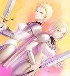  armor blonde_hair calanthe_(artist) claymore claymore_(sword) multiple_girls noel_(claymore) short_hair silver_eyes sophia_(claymore) sword weapon 