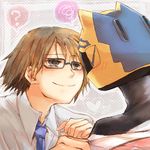  1girl ? animal_ears animal_helmet black_eyes black_hair blush cat_ears celty_sturluson durarara!! glasses haru_mikoto heart helmet kishitani_shinra labcoat necktie 