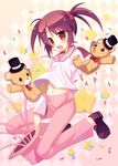  blush brown_hair child confetti coquelicot fang full_body hair_bobbles hair_ornament hat meito_(maze) midriff navel open_mouth orange_eyes sakura_taisen sakura_taisen_iii solo star stuffed_animal stuffed_toy teddy_bear twintails 