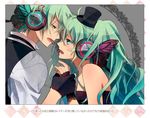  1girl aqua_eyes aqua_hair butterfly_hair_ornament butterfly_wings face-to-face fingerless_gloves genderswap genderswap_(ftm) gloves hair_ornament hat hatsune_miku hatsune_mikuo headphones headset long_hair magnet_(vocaloid) mini_hat mini_top_hat murakami_yuichi top_hat translated twintails vocaloid wings 