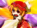  aki_minoriko food fruit grapes hat looking_at_viewer mob_cap no_pupils open_mouth orange_hair short_hair solo taniya_raku throwing touhou 