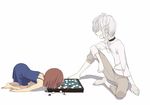  1girl accelerator ahoge bad_id bad_pixiv_id barefoot blush_stickers board_game brown_eyes brown_hair child closed_eyes denim dress faceplant failure grin jeans kazuga_(dorp) last_order pants playing_games reversi shirt short_hair smile t-shirt to_aru_majutsu_no_index white_hair 