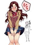  blazer blush bow brown_eyes covering covering_crotch embarrassed highres idolmaster idolmaster_dearly_stars jacket kneehighs long_hair multiple_girls open_mouth ozaki_reiko plaid red_hair school_uniform short_hair skirt socks surprised thigh_gap tokita_arumi translated 