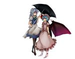  bad_id bad_pixiv_id bat_wings blue_eyes boots braid crossed_legs hair_over_one_eye high_heels holding holding_umbrella hutaba123 izayoi_sakuya looking_at_viewer maid multiple_girls red_eyes remilia_scarlet shared_umbrella shoes short_hair silver_hair simple_background standing touhou umbrella wings 