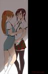  blue_eyes blush breast_grab breasts brown_hair glasses grabbing highres legs long_hair makinami_mari_illustrious medium_breasts multiple_girls neon_genesis_evangelion orange_hair plaid rebuild_of_evangelion red_hair school_uniform shikinami_asuka_langley short_hair skirt skirt_lift souryuu_asuka_langley thighhighs yuri zasha zettai_ryouiki 