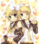  1girl :q bad_id bad_pixiv_id blonde_hair blush blush_stickers brother_and_sister cosplay costume_switch crossdressing embarrassed green_eyes kagamine_len kagamine_rin midriff mitsu_yomogi one_eye_closed siblings tears tongue tongue_out twins v vocaloid 