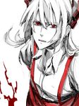  angry bad_id bad_pixiv_id from_above fujiwara_no_mokou hair_ribbon partially_colored red_eyes ribbon shioaji simple_background sketch solo suspenders touhou 