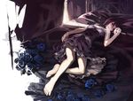  aoin barefoot bed blue_flower blue_rose dress feet flower greek_toe light long_hair lying on_back original purple_hair red_eyes rose solo 