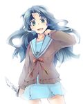  asakura_ryouko bad_id bad_pixiv_id blue_eyes blue_hair cardigan kita_high_school_uniform knife long_hair maro_(nikeneko523) school_uniform serafuku solo suzumiya_haruhi_no_shoushitsu suzumiya_haruhi_no_yuuutsu 