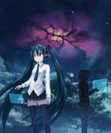  green_eyes green_hair hatsune_miku holographic_interface holographic_touchscreen isou_nagi long_hair necktie silhouette skirt solo space thighhighs twintails very_long_hair vocaloid zettai_ryouiki 