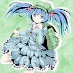  backpack bad_id bad_pixiv_id bag blue_eyes blue_hair breasts cucumber dress hair_bobbles hair_ornament hat hebitsukai highres kawashiro_nitori key medium_breasts pocket smile solo touhou tsurime twintails 