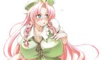  blue_eyes blush braid breasts hand_on_own_chest hat hong_meiling huge_breasts long_hair red_hair ribbon sachito side_braid solo sweat touhou twin_braids very_long_hair 