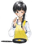  apron bad_id bad_pixiv_id black_hair braid brown_eyes copyright_request egg frying_pan long_hair one_eye_closed osa_sizuka school_uniform serafuku solo 